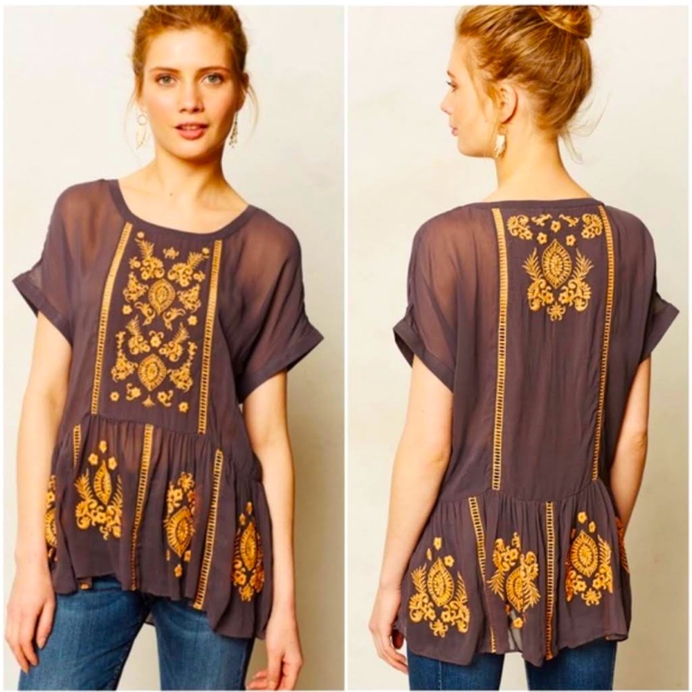 Anthropologie Vanessa Virginia Antala Peplum Top grey orange embroidered size M
